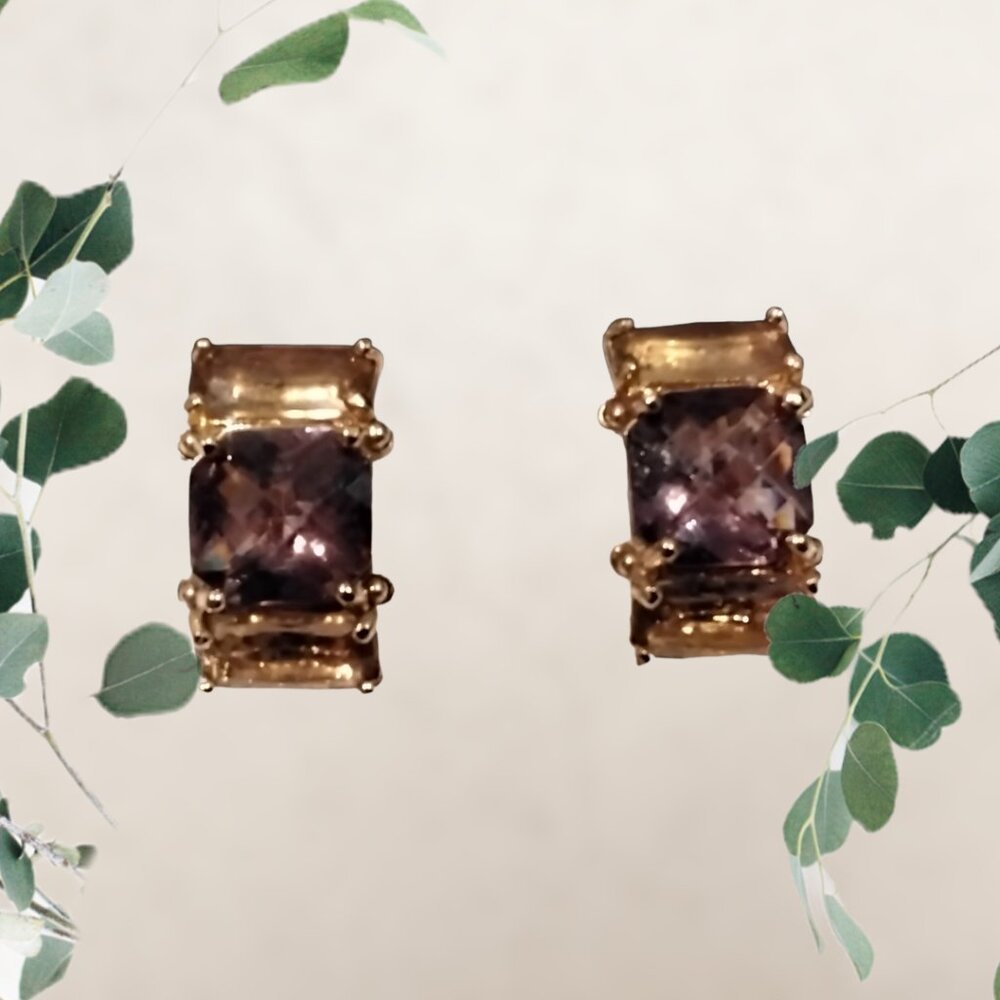 Carolee Signed Clip-on Earrings/Dark Amber Tone Etched Glass & Gold Tone Metal
